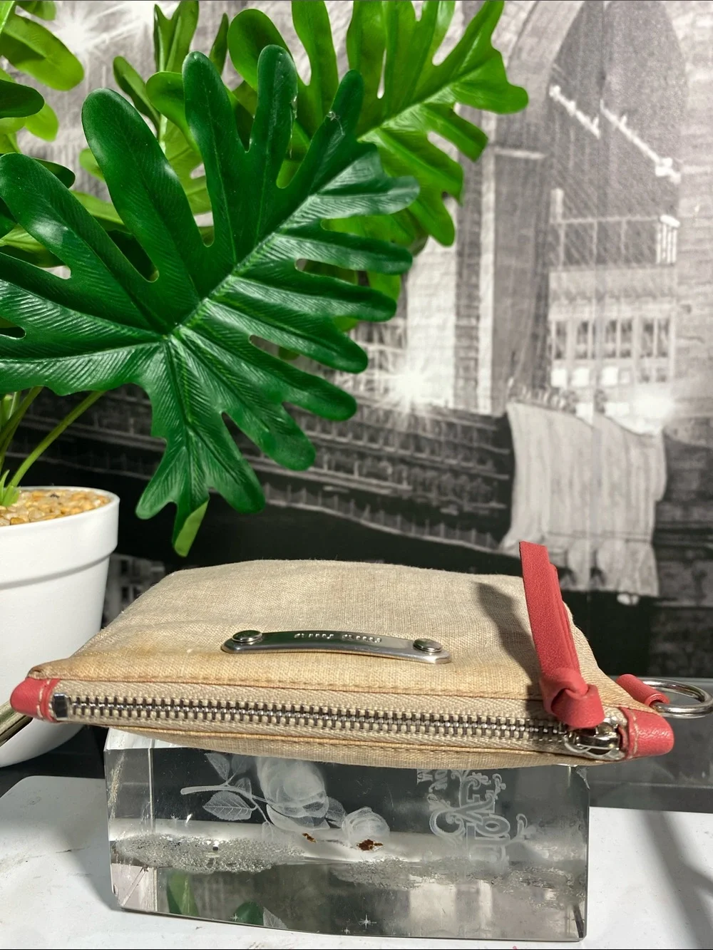 Authentic Miu Miu Beige Linen Pouch with Coral Trim